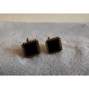 Swank Vintage Square Black Glass Stone Cufflinks Set Gold Tone 90s or earlier